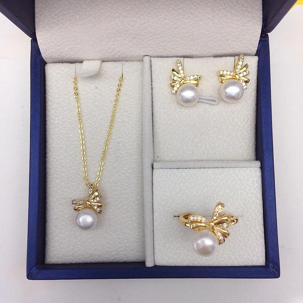 Pearl Set: Freshwater Pearl Pendant, Bow Stud Earrings, and Ring for Women