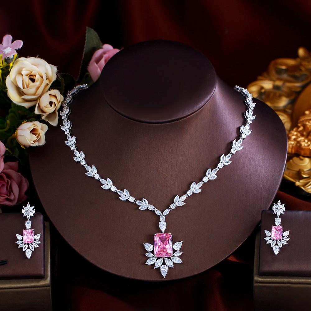 Bright Diamond Princess Pink Zircon Necklace Earrings Set Women'S Dinner Bride Wedding Jewelry Two-Piece Set