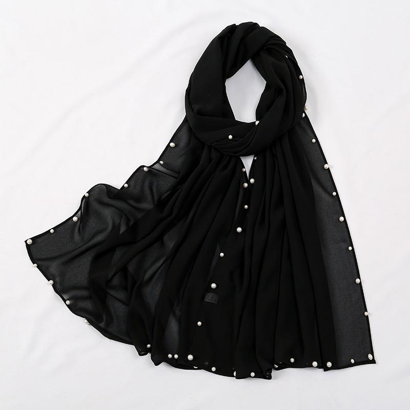 Hot-selling popular chiffon long towel plus small pearl women's gold and silver pearl headscarf
