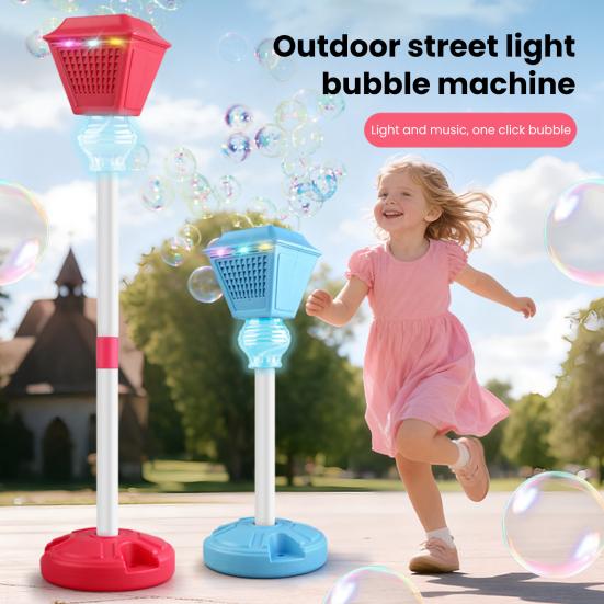 Macchina Bolle per Bambini Generatore Automatico di Bolle a Bottone Singolo Luci LED Colorate e Musica Lampada da Strada Creativa Giocattolo a Bolle per Feste all'Aperto E