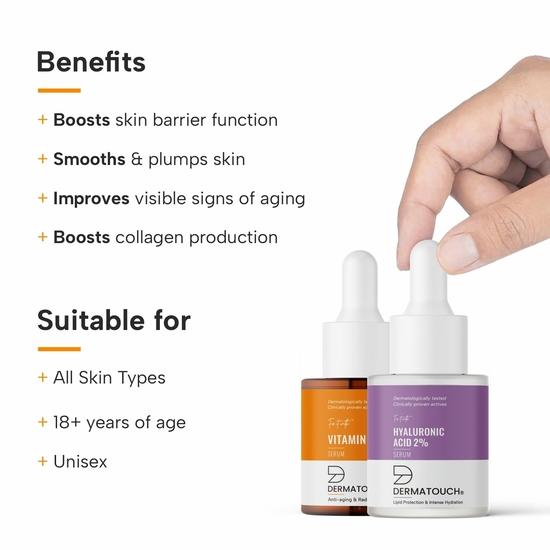 DERMATOUCH Anti Aging Serum Set - 10% Vitamin C Serum & 2% Hyaluronic Acid Serum | For rynker, oppstrammende, fuktighet- 18ml + 18ml