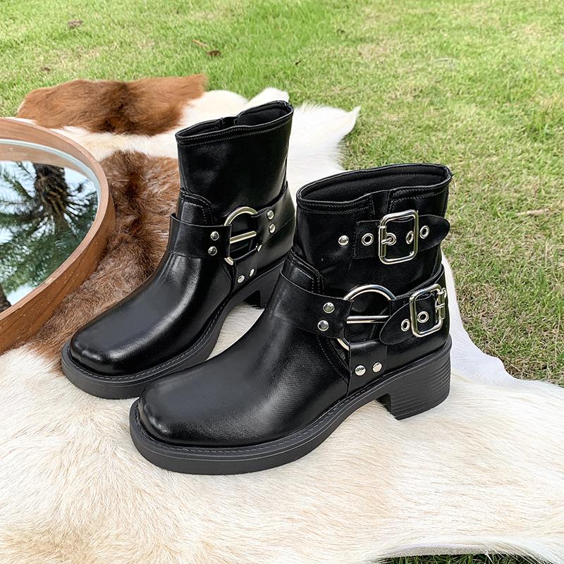 Fashion Vintage Woman Western Cowgirl Boot Fashion Belt Buckle Short Booties Autumn Winter Thick Heel Girl Shoes