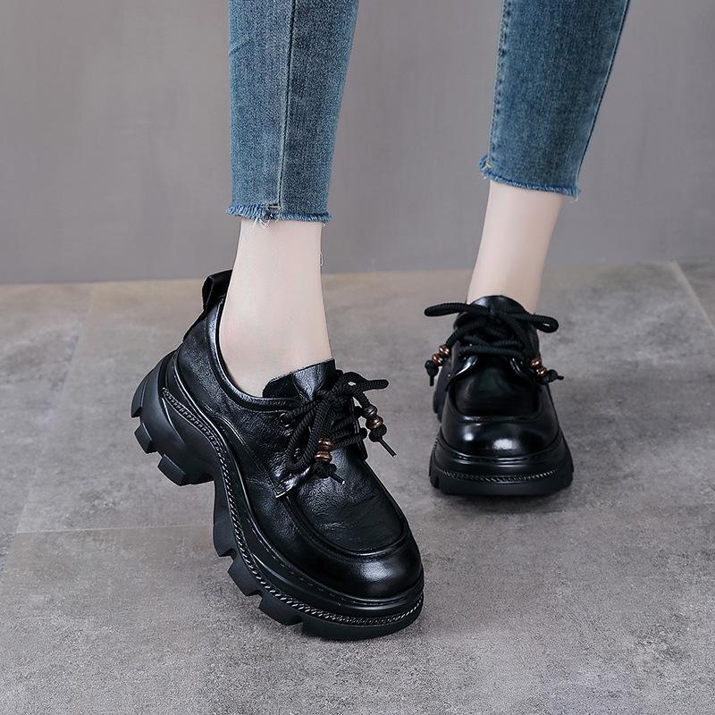 Women's Genuine Leather Thick Sole Retro Loafers - British Style, Height-Increasing Autumn Shoes