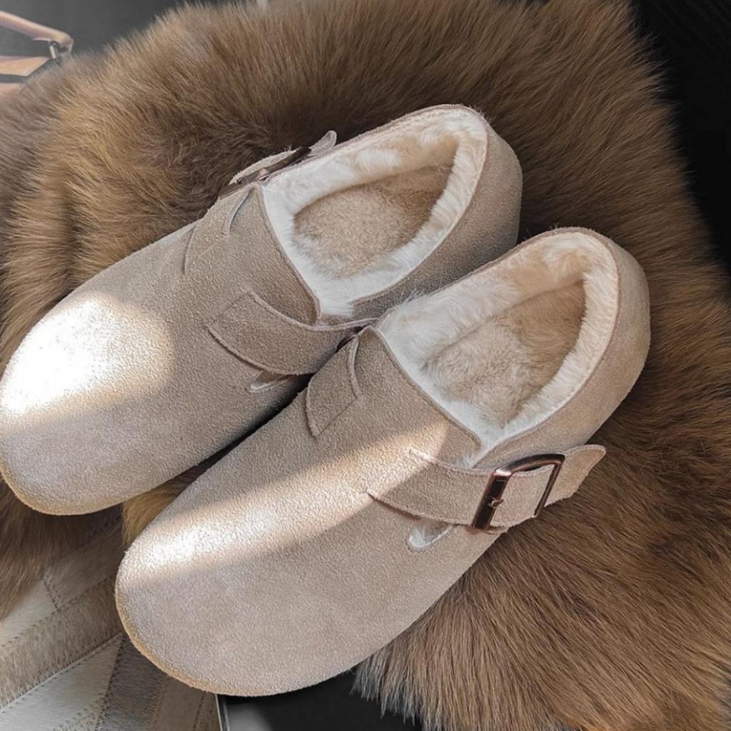 Leather Velvet Birkenstocks, Women'S Autumn Winter Wool Cotton Shoes, Snow Boots, One Pedal, All-Inclusive Birkenstocks, Low Heels And Wear-Resistant