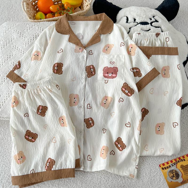 Mengqu Cartoon Bear Wind High Value Cloud Cotton Pajamas Women'S Summer Short-Sleeved Three-Piece Loungewear