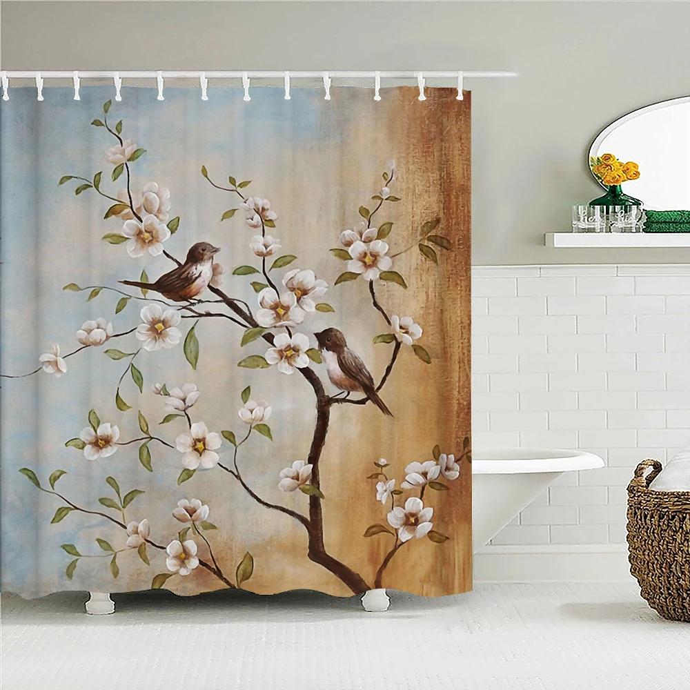 3d Printing Chinese Flower Bird Ink Landscape Shower Curtain Bathroom Waterproof Bath Curtain With Hooks Washable Cloth Decor