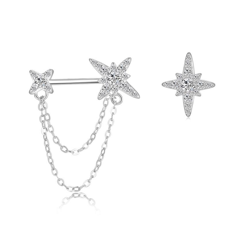 S925 Sterlingsilber Asymmetrische Stern Diamant Ohrstecker mit Kette für Damen - Mori Stil
