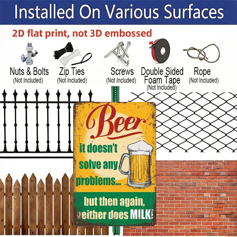 2D Flat, 1pc "Beer Doesn't Solve Problems Neither Does Milk" Aluminium Metal Wall Decor Sign - 8"x12" Vintage Funny Beer Decor, Retro Beer Mug Wall