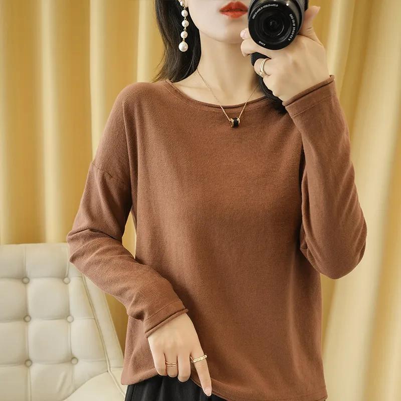 Women's Knit Base Layer Thin Long-Sleeve T-Shirt Loose-Fit Korean-Style Pullover Top