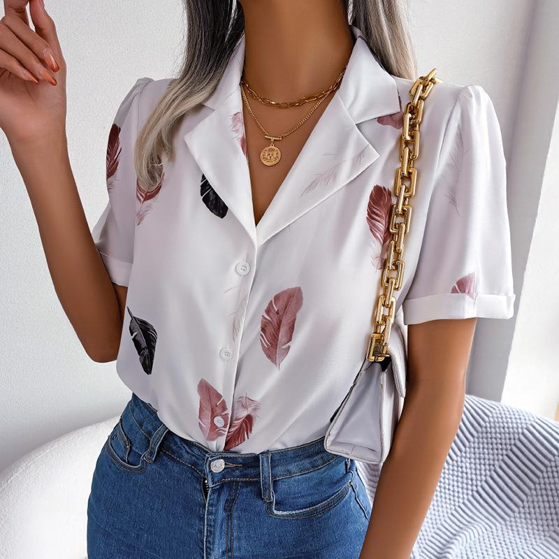 Women Summer Short Sleeve Lapel Feather Printed Casual Office Shirt Blouse Top
