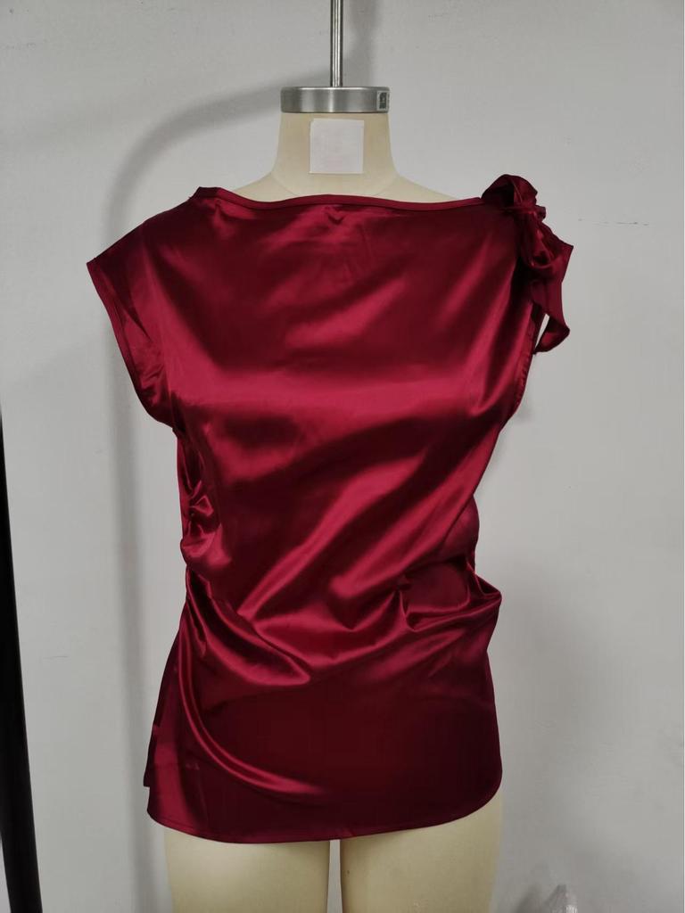 2026 European & American Women's Solid Color Satin One-Shoulder Sleeveless Commuting Top