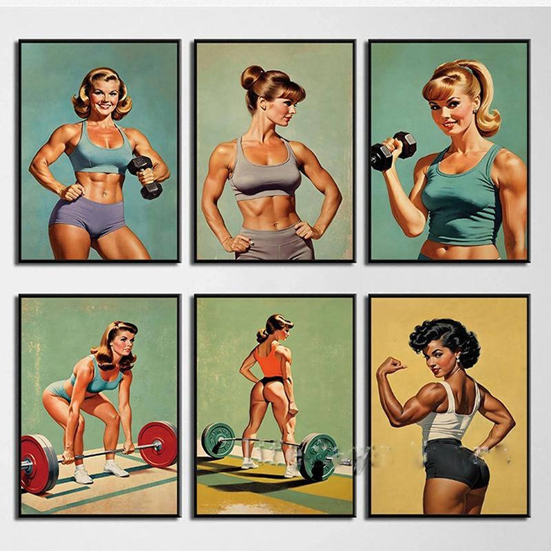 Poster and Print Canvas Painting Body Building Weightlifting Wall Art Picture for Gym Room Decor Retro Girl Exercise Fitness