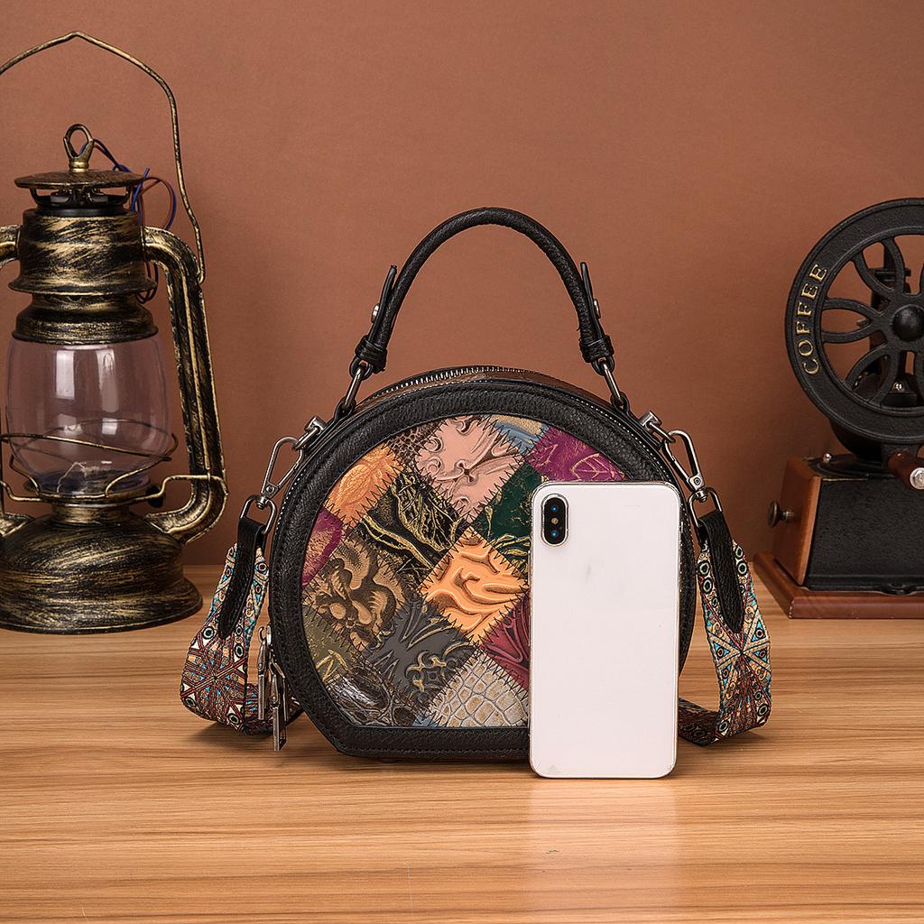 New European and American Retro Women's Bag with Top Layer Cowhide, Fashionable and Casual Splicing, Women's Handbag, Single Shoulder Crossbody Bag