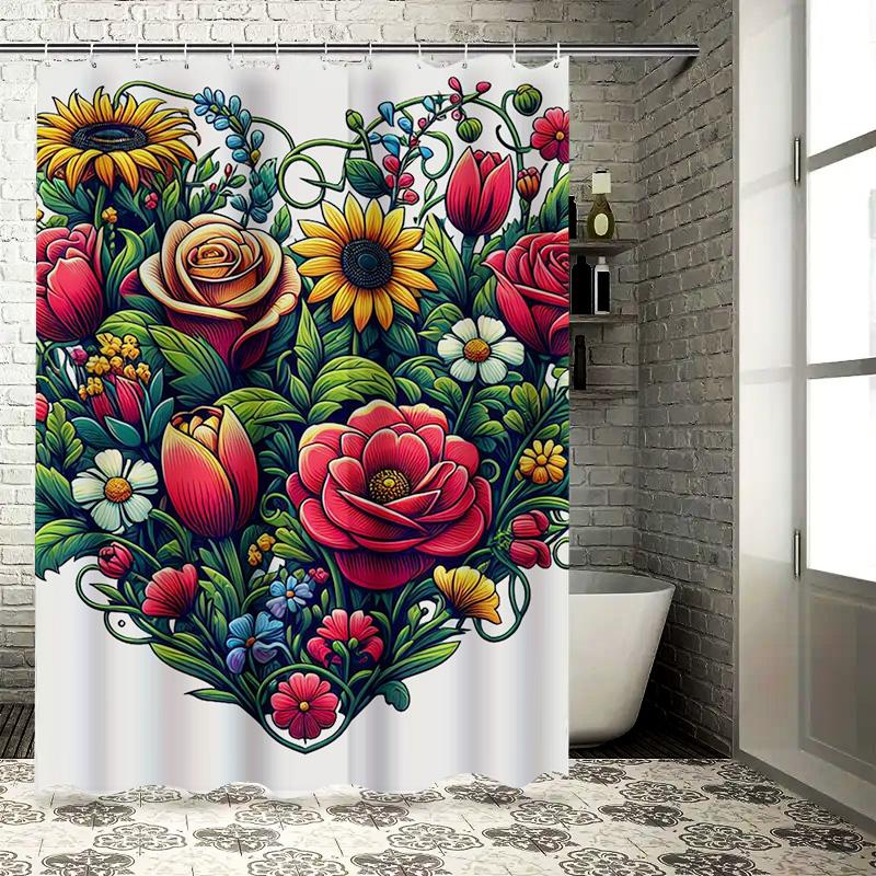 Elegant Floral Heart Design Shower Curtain - Waterproof, Mildew-Resistant, Machine Washable For Romantic Bathroom Decor