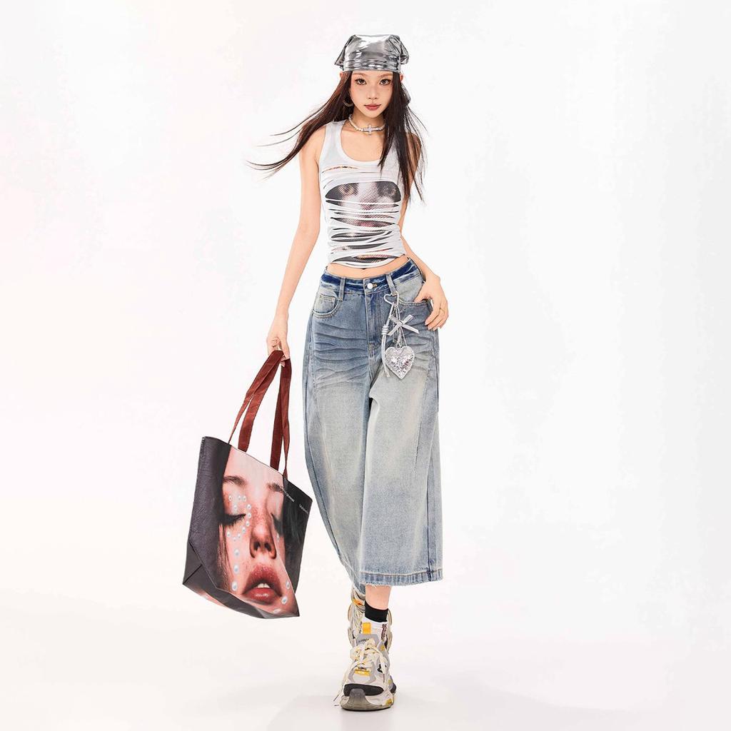 Fashion Summer Vintage Washed Distressed Loose Cropped Capri Denim Pants For Women Trendy Versatile Loose Straight Slimming AllMatch Casual Bottoms