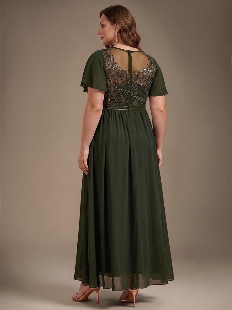 Ever-Pretty Damen Übergröße Perlenbesetztes A-Linien Maxikleid mit Fledermausärmeln Formelles Kleid mit Illusion Halsausschnitt