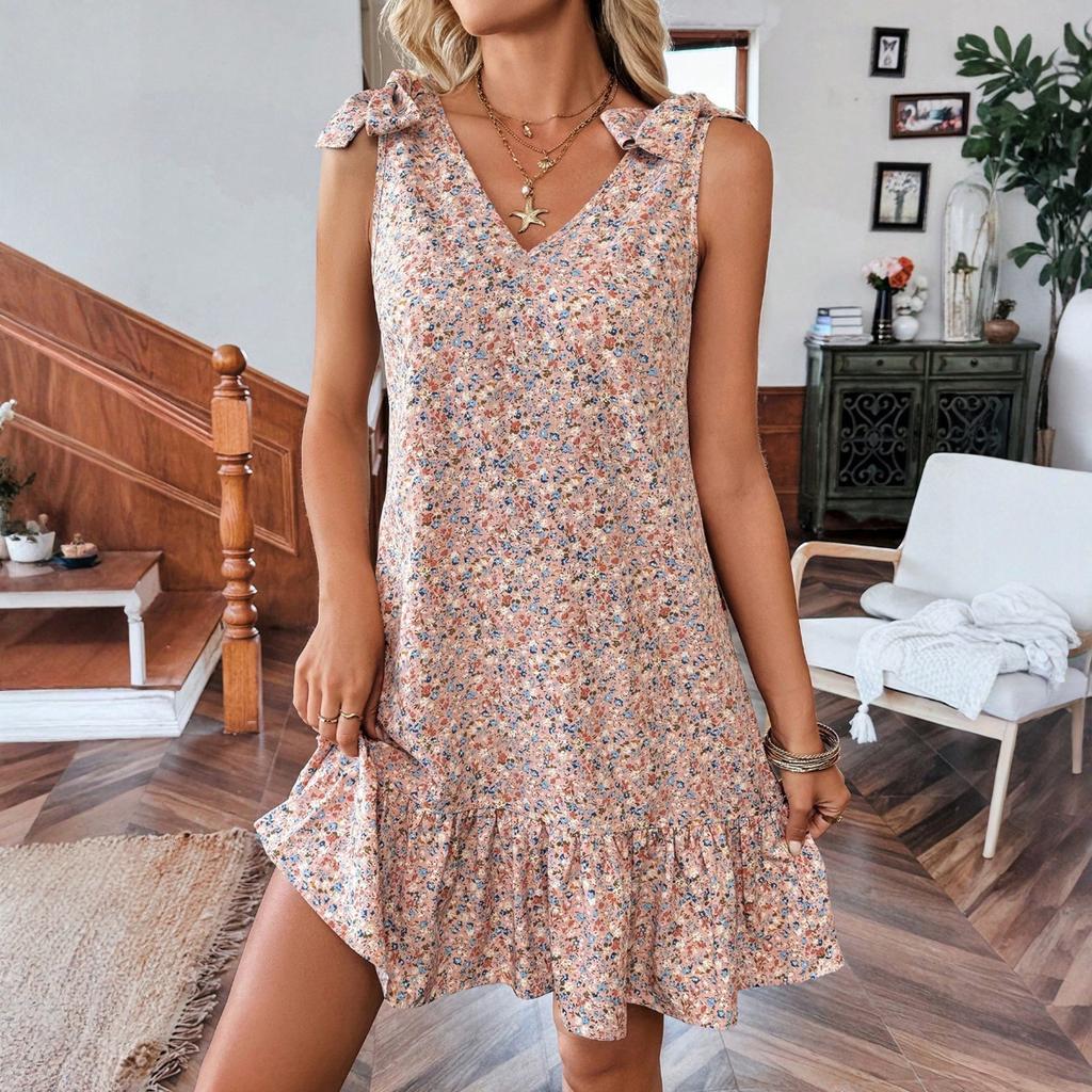 Damenmode V-Ausschnitt Schleife Blumen Westenkleid