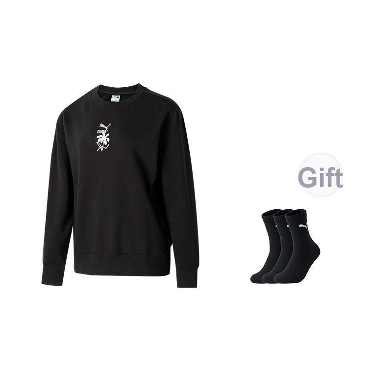 Puma Solid Color Embroidered Design Round Neck Long Sleeve Sweatshirt Women Sweatshirt Black 625808-01