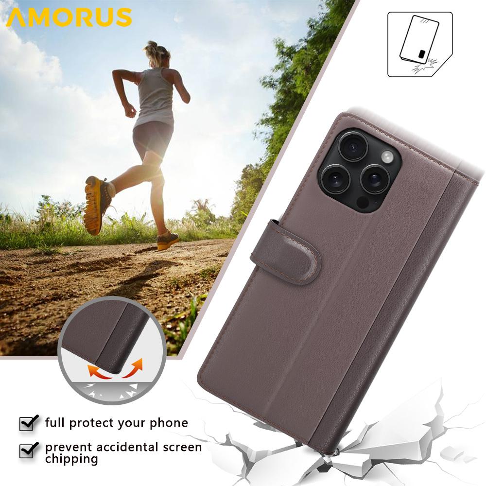 For iPhone 16 Pro Max Stand Cases Calf Texture Genuine Split Leather Wallet Phone Cover