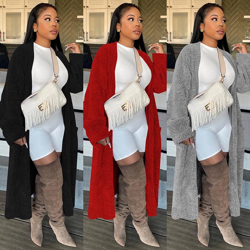 European & American Women's Solid Color Long Knit Cardigan - Nightclub & Casual Style