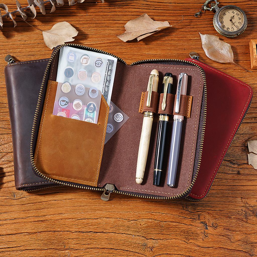 2026 First Layer Cowhide Three-pack Pencil Case Zipper Pen Storage Bag Plus Large Capacity Bill Stationery Case Pencil Case