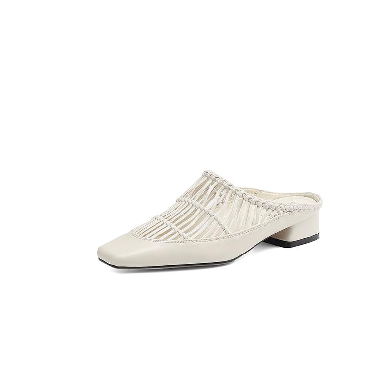 Fashion NEW Summer Women Mules Split Leather Shoes Women Square Toe Chunky Heel Shoes Cover Toe Slingback Sandals Weave Modern Slippers