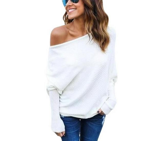 Europeisk og amerikansk høst/vinter off-shoulder flaggermusvingeermet strikkegenser for kvinner