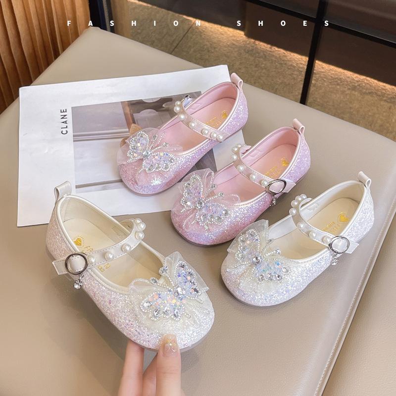 Pink girls princess shoes spring and autumn crystal shoes children's shoes white new dress single shoes girls small leather shoes