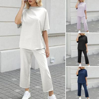 2 Pcs/Set Women Top Pants Set Half-high Collar Mid Sleeves Blouse Wide Leg Elastic Waist Trousers with Pockets Daily Leisure Loose Outfit