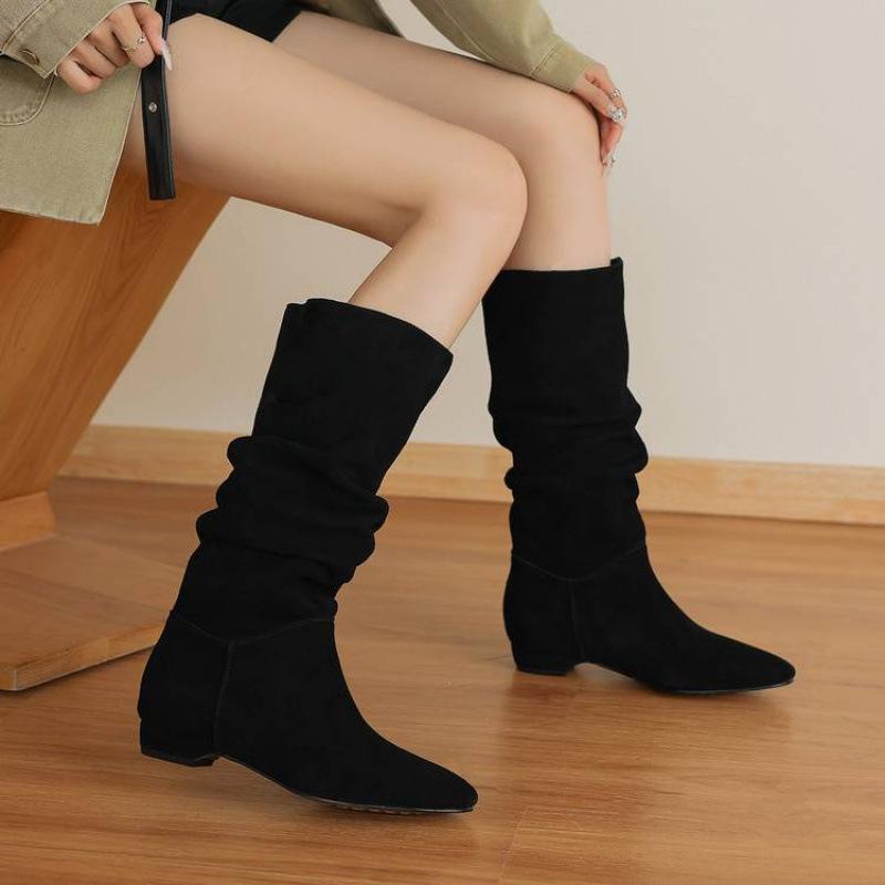 Autumn and winter women's Martin boots large size cow suede high boots sleeve rubber sole new versatile leather women's boots