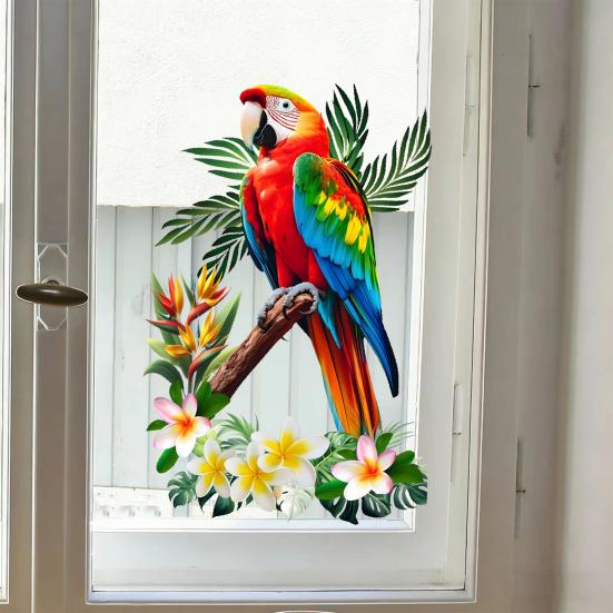 Tropical Parrots on Branch Window Clings Bird Flowers Palm Leaves Anti-Collision Glass Door Sticker Removable Waterproof Static PVC Decals for