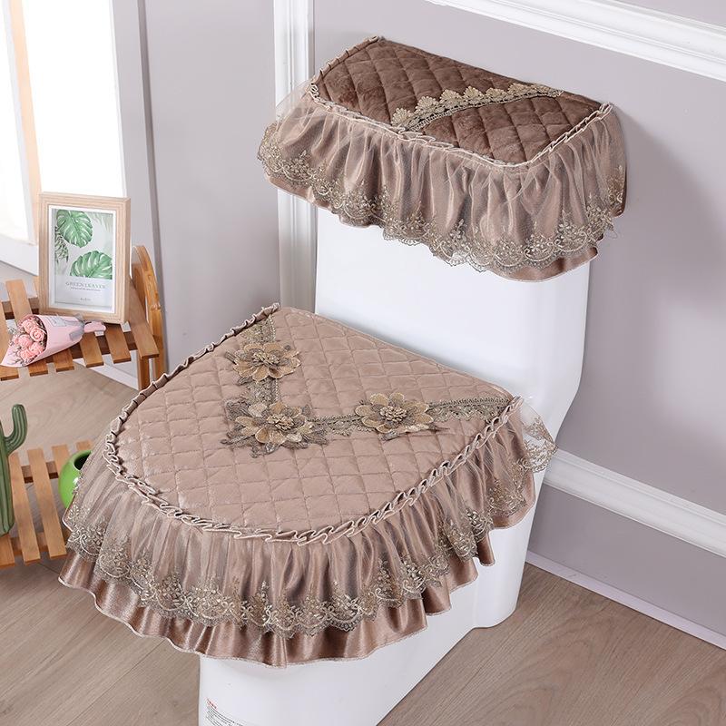 Red Lace Toilet Cover Set Universal Toilet Seat Cover and Water Tank Cover Quilting Design Waterproof and Stain Resistant Toilet Decoration Mats