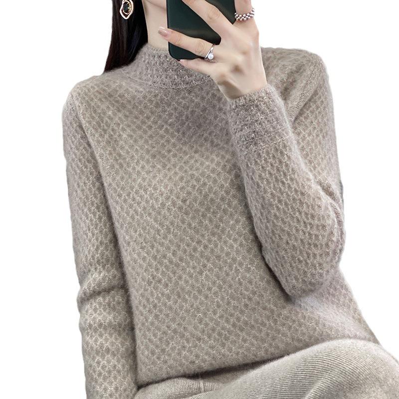 Women's Autumn Winter Thick Wool Sweater - Korean Style Half High Collar, Hollow Out Floral Design