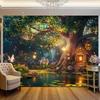 Magisches Feen-Wunderland Wandteppich, Verzauberte Hüttenlandschaft Druck Wandbehang für Schlafzimmer, Wohnzimmer, Studentenwohnheim Heimdekoration