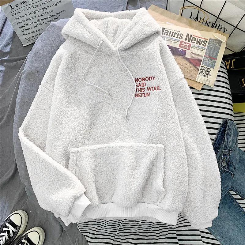 Jesień Zima Moda Bluza z Kapturem Kobiety Koreański Luźny Jednolity Litera Top Długi Rękaw Ciepły Strój Bluza z Kapturem Pani Casual Street