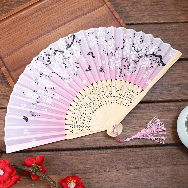 Chinese Japanese Folding Fan Wooden Shank Classical Dance Fan Tassel Elegent Female Fan Party Art Craft Gift Home Decoration
