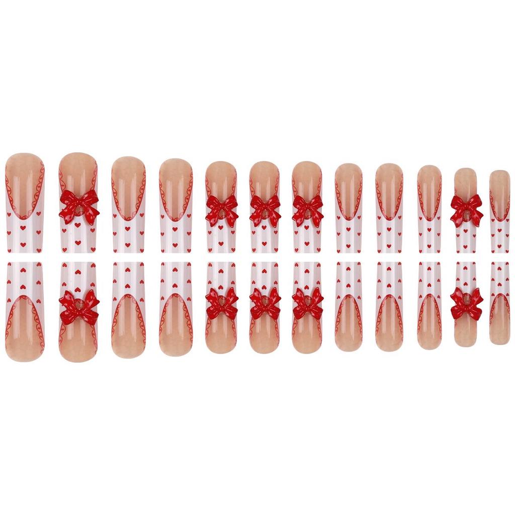 Heart-Shaped Rhinestone Bow Nail Art - Valentine's Day French Long Tips