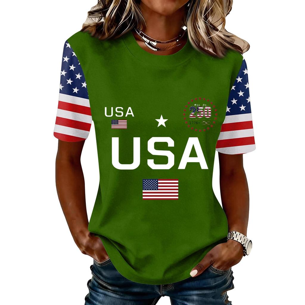 Blusa Feminina da Moda Casual de Manga Curta com Estampa e Gola Redonda