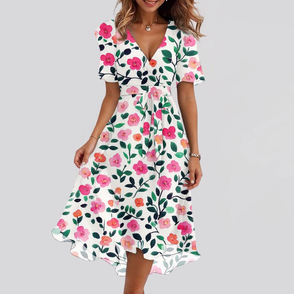 Damen Sommer Blumenmuster Lässig Wickel V-Ausschnitt Rüschen Kapuze Kurze Ärmel Gürtel A-Linie Rüschensaum Midi Sommerkleid