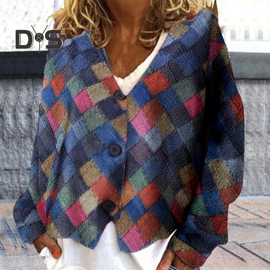 

Женское повседневное пальто весна-осень с V-образным вырезом и длинным рукавом в клетку с геометрическим узором, однобортное, свободного кроя, верхняя одежда 3XL синий