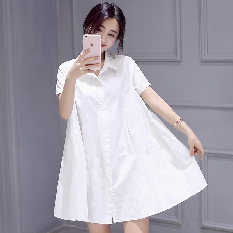 Damen Sommer Chiffon Hemdkleid - Kurzärmelig, Mittellang, Locker, Bauchkaschierend, Koreanischer Stil