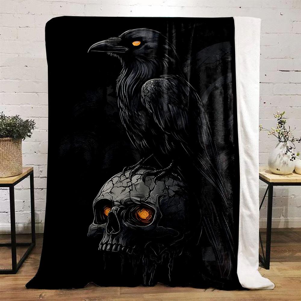 1PC Raven on glowing skull Print Adult Children Warm Blankets Home Travel Car Soft and Comfortable Suitable for all seasons