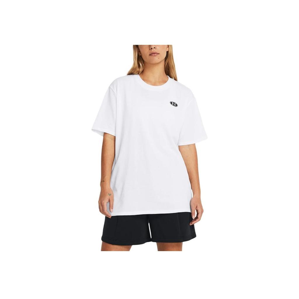 Under Armour Casual Loose High Weight Embroidered Logo Round Neck Pullover Short Sleeve T-Shirt Women Tops White 1383045-100