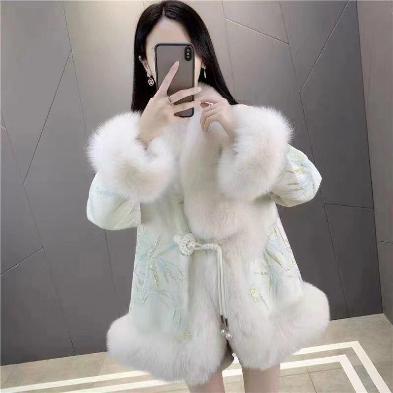 

Новая куртка в придворном стиле из искусственного лисьего меха, пуховая хлопковая одежда средней длины, пальто из искусственного меха, женский меховой воротник, костюм Тан S