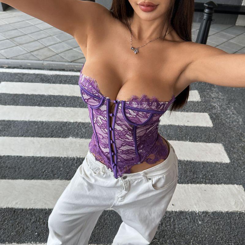 

INS Горячая Распродажа Чистое Желание Кружево Кружево Изгиб Богиня Низкий Вырез Сексуальный Би Запасная Пуговица Топ-Труба Топы Purple M