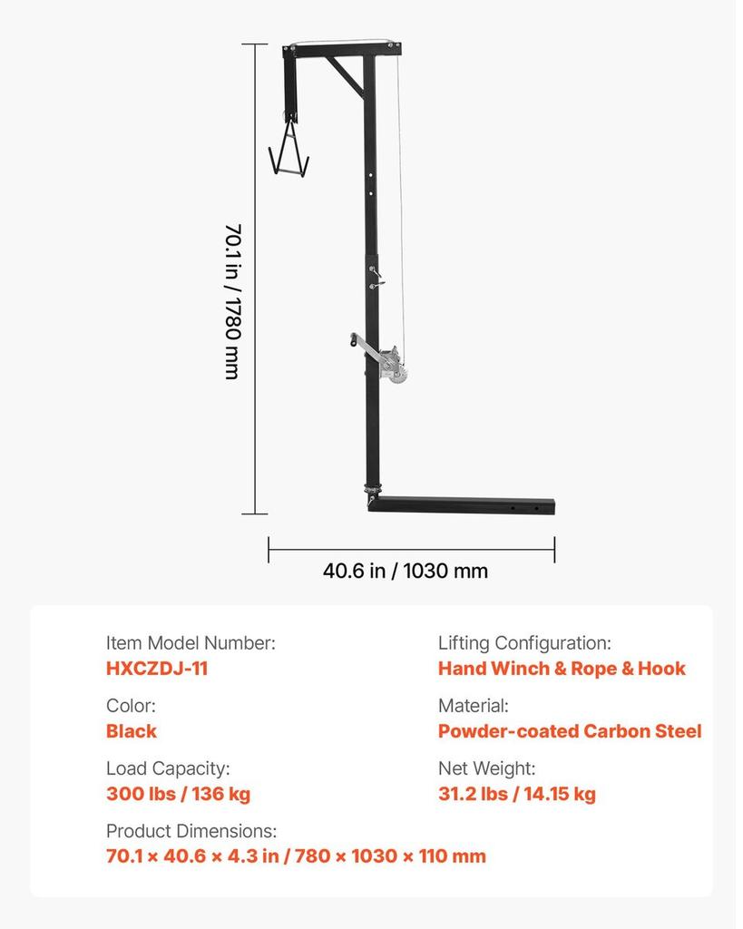 Treuil de Chasse pour Attelage de Camion, Capacité de Charge de 300 lbs, Treuil de Chasse pour Cerf avec Récepteur de 2 Pouces, Tige Pivotante à 360 Degrés et Hauteur Réglable, Inclut un Support pour Carcasse