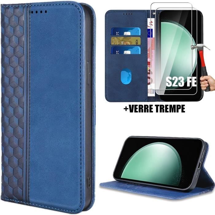 Coque pour Samsung Galaxy S23 FE - Cuir PU Bleu Marine - Fentes pour carte - Motif Mosaïque - avec 2 Verres Trempés