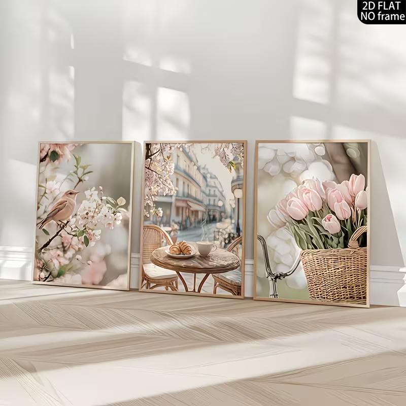 French Country Modern Paris Wall Art Suitable for Living Room Vertical French Streetscape Canvas Poster with Tulips, Spring Autumn Paintings