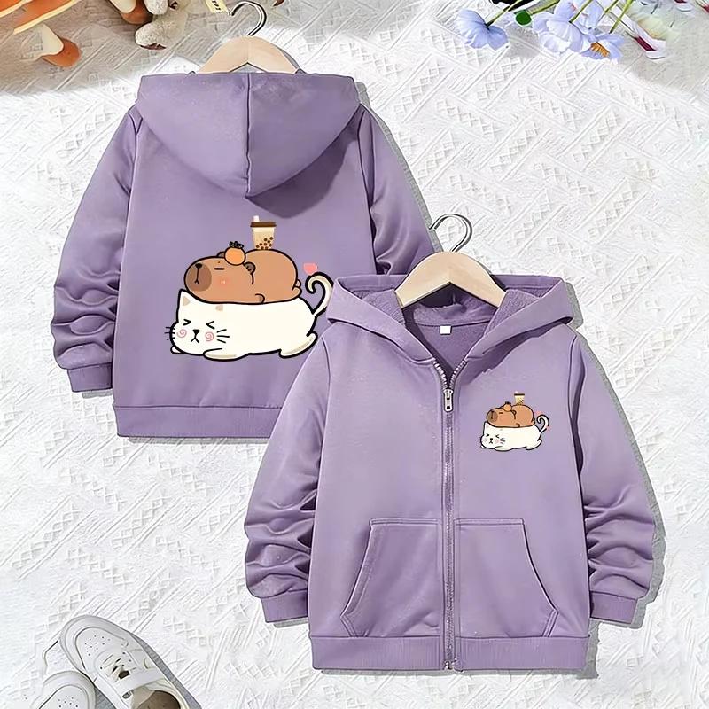 Felpa con zip e cappuccio carina con grafica di Capibara Gatto Bubble Tea Manica lunga larga Giacca con cappuccio Bellissimo capo esterno quotidiano per ragazzi e ragazze
