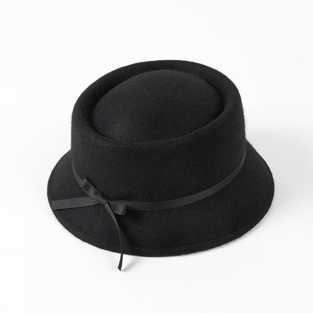 Autumn and Winter New Fashion British Retro Tether Woolen Bucket Hat Outdoor Warm Concave Top Hat Trendy Hat